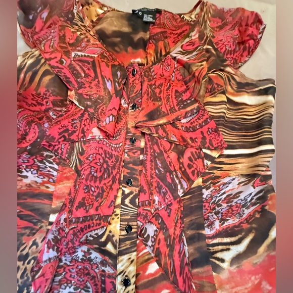 Etcetera by Carlisle Red Animal Ruffle 100% Silk Top Size 10/Medium MSRP $255 - Picture 7 of 10